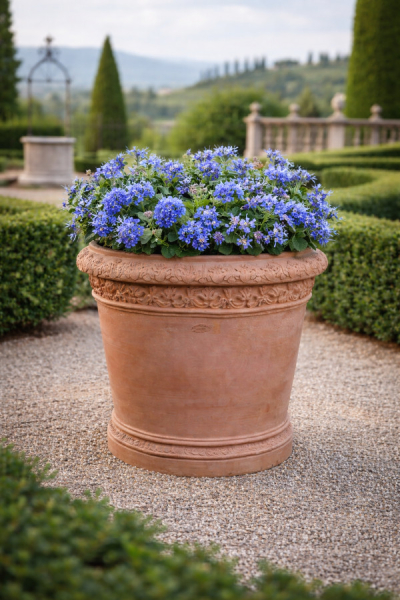 Grand pot rond en terre cuite d’Impruneta – relief floral classique et robustesse intemporelle